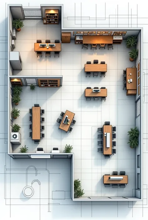 Get a graphic sketch of an architectural plan , with the spatial distribution of furniture, areas etc of a computer center with the following Computer Center: 
Work teams
* Computers 
* desks
* Chairs/seating  
* air-conditioning
* lightning 
* shelving 
*...