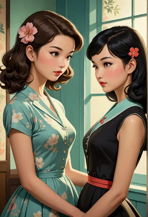 Two beautiful women in love, both dressed in a 50s style in a tender attitude towards each other, Sarah Kay style, one British, with semi-short light brown hair, and the other woman with delicate Asian features, with long black hair.