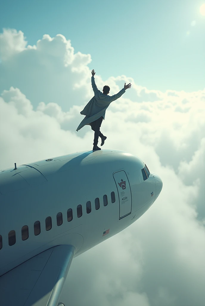 A man on plane roof of plane outside the plane dancing exactly touches the plane 