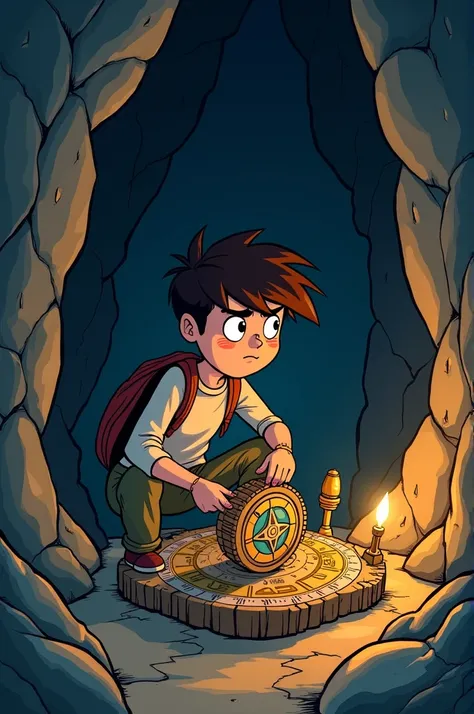 Taller boy in cave he found difficult puzzle of cave and he is in stress cartoon 