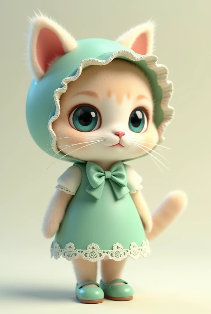 A C4D model, chibi-style humanoid cat, with cream-colored fur, dressed in a mint green dress with a bow at the waist. The cat has bright blue eyes, a gentle smile, and wears a matching mint green bonnet with white lace trim, along with small mary jane shoe...