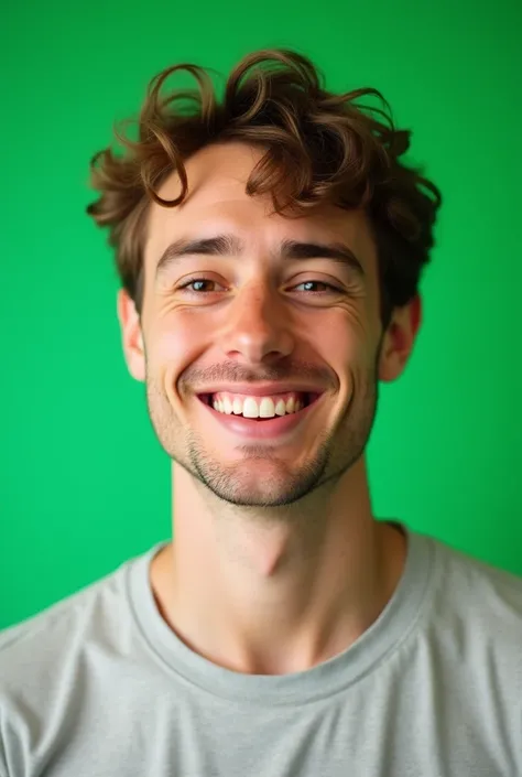 young man with brown hair smiling in front of a green screen

