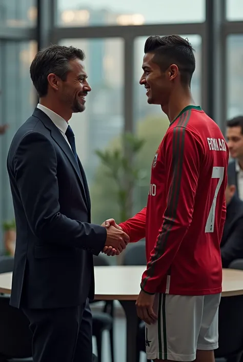 A smart shaking his hand with  Cristiano Ronaldo and behind of his jersey named as AFRI and number 7