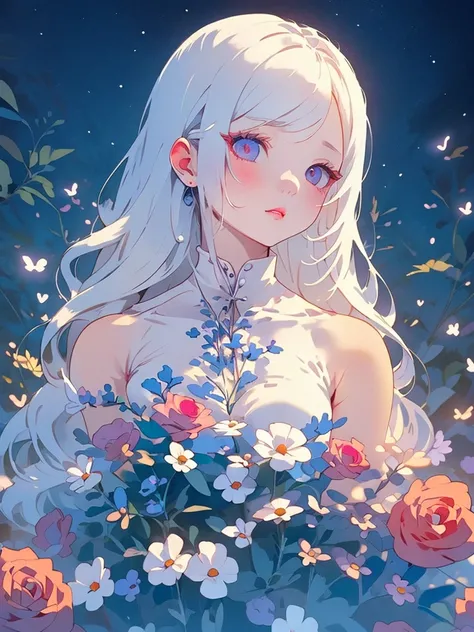 Highest quality、Spooky illustrations、Very detailed、Colorful and bright flowers、Woman with a fragile expression、Detailed eyelashes、Detailed lips、beautiful、Fantasy、ephemeral