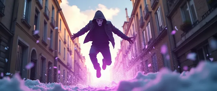 a man jumping between two buildings masked with a hood, he will enter a portal, interdimensional portal, the energy portal has purple edges, sunny summer with clouds, avenue in France, inside the portal there is snow and it is cold, (contrast of environmen...