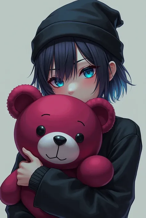 person holding cranberry color bear, feels numb, person hair is short and has tye dye hair, black beanie on head, goth, has blue eyes, boy