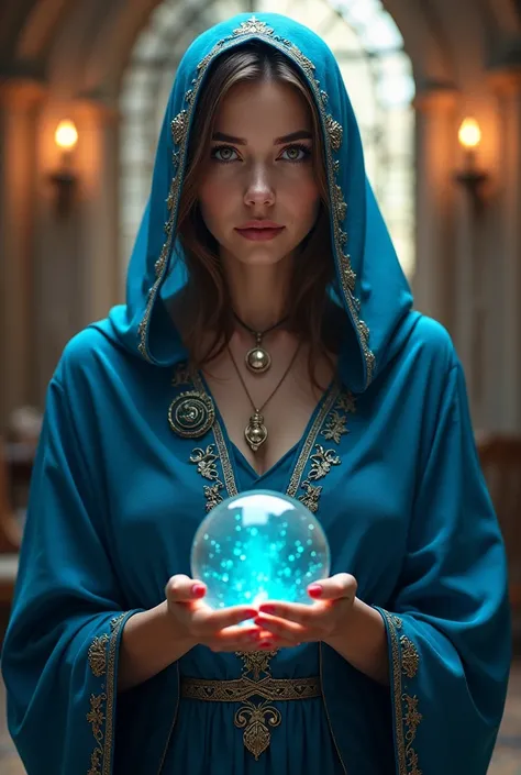 Female fortune teller. Body and face orientation: front. Charm, Beautiful and mysterious. She is wearing a blue cape、Have a clear face. The atmosphere is bright and sparkling, Filled with anxiety and anticipation. A fortune teller is standing. He has a cry...