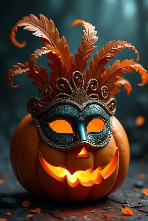 A Halloween pumpkin wearing a Venetian mask
