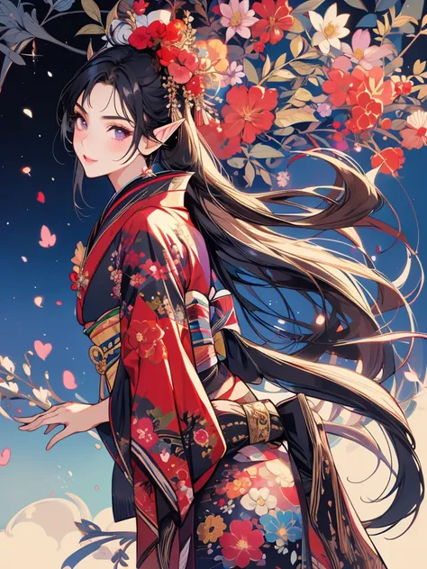 masterpiece, best quality, 1girl, ultra detailed, ultra highres, well-definded facial features, anatomically correct, cute girl, long pointy ears, elf, nice face,black hair, puple eyes, kimono, hakama, art deco, large flower bouquet,