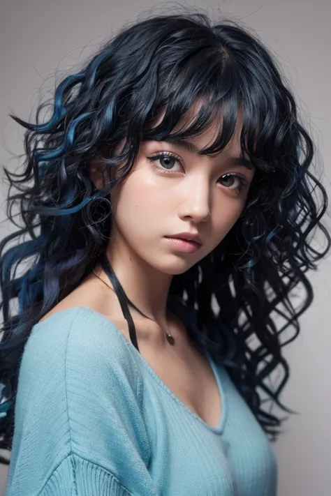 Girl with curly blue hair, black-eyed