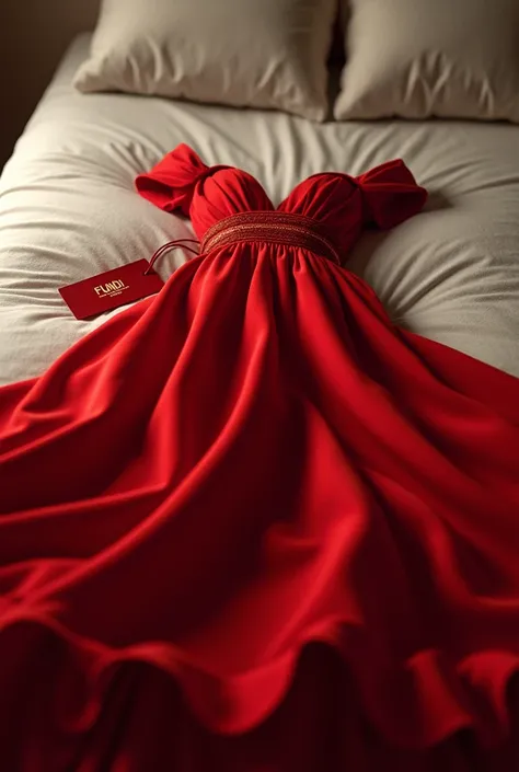 Make a picture of a bed, in this simple bed, has a red dress on top, beautiful and expensive dress, your brand is fendi, make a label on it as if it had never been used, with the words fendi written on it, remember to make a realistic red fendi dress, show...