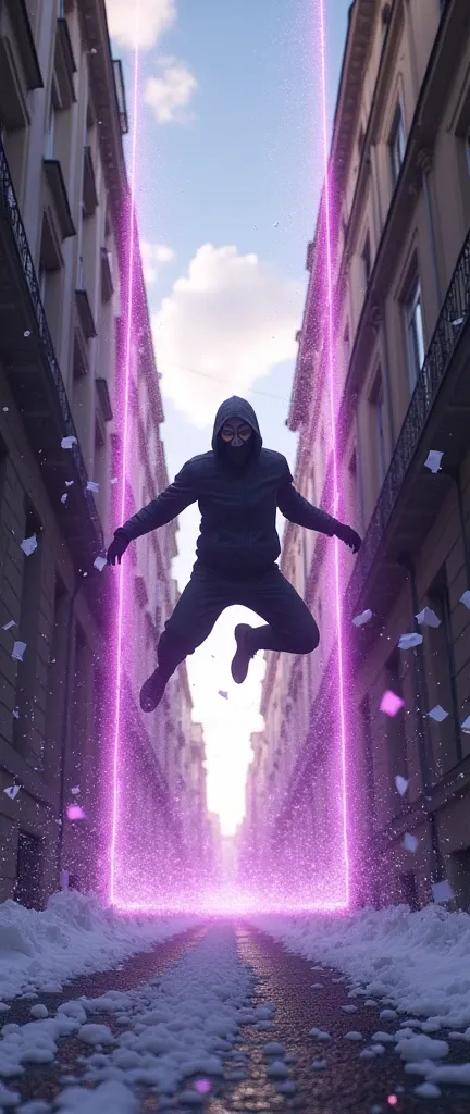 a man jumping between two buildings masked with a hood, he will enter a portal, interdimensional portal, the energy portal has purple edges, sunny summer with clouds, avenue in France, inside the portal there is snow and it is cold, (contrast of environmen...