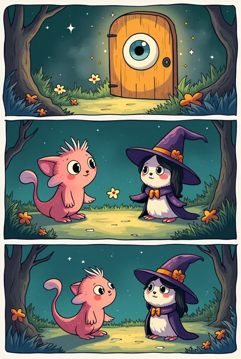 Write a comic strip about an axalot who finds a door with an eye where he enters and finds an owl witch. Then there is a 5-year flashback and in the last comic strip he is dressed in a witch&#39;s outfit, all in Cartoon style.. I want it to be divided into...