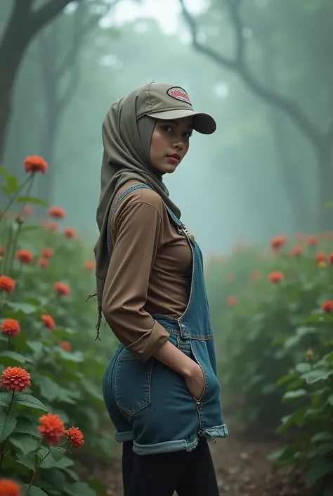 full-body portrait photograph of a young java woman hijab with poloCap, wearing pinafore with shirt, hotpant with leggings, oversized_breasts.", she is hiking, beautiful_breasts. sensual body, in a unique, photoshot model, ((In front of flowers in the mist...