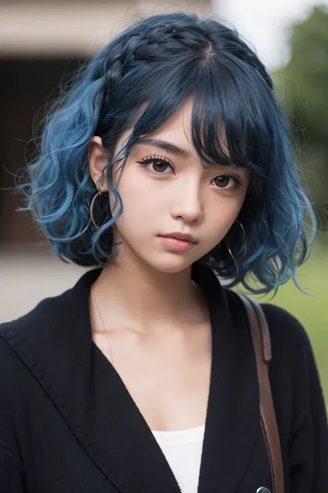 Girl with curly blue hair, black-eyed