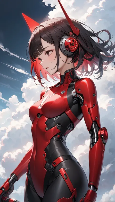 Red and black cyborg woman plugging into the cloud.