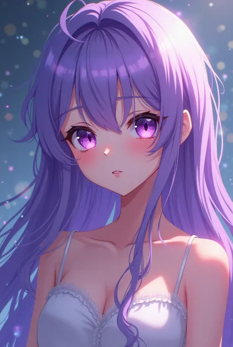 A  anime character.65 Purple Wavy Hair, purples eyes, and pink bequine