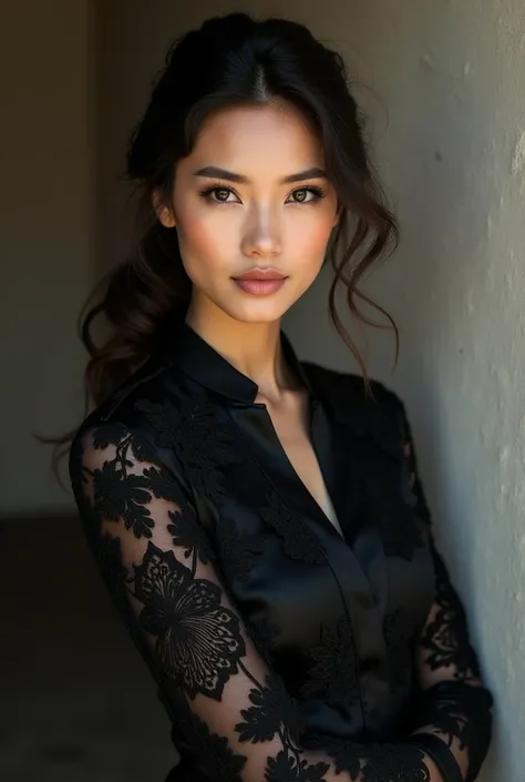 Beautiful Indonesian woman wearing black kebaya with a firm expression