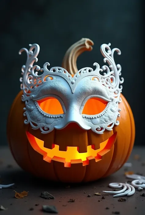 A Halloween pumpkin wearing a spectacular white Venetian mask
