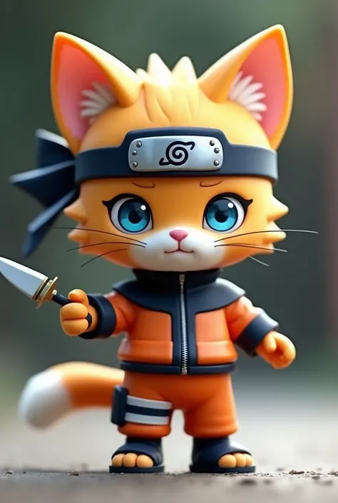 A C4D model, chibi-style humanoid cat, with sleek orange fur and black stripes, reminiscent of Narutos iconic outfit. The cat wears a miniature ninja headband with a metal plate featuring the Hidden Leaf Village symbol, positioned just above its big, brigh...