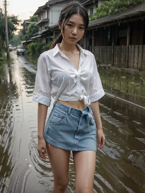 A beautiful Japanese woman wearing a thin white shirt tied above her waist and a short denim skirt stands in the rain, her shirt is wet, and she is waving a car on the side of the road next to a rice field in the evening sunlight.