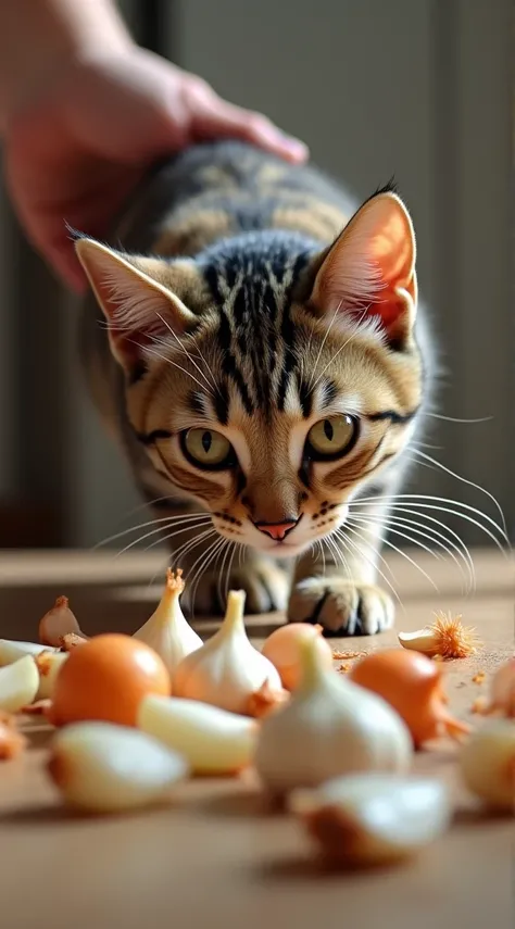 A cat intently watching onions and garlic scattered on a kitchen counter. The owner’s hand is seen moving in to clean up the vegetables, indicating a sense of urgency to protect the cat.