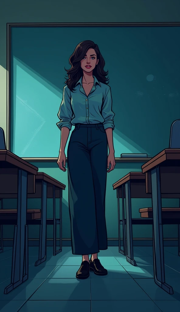 Female teacher, classroom, 夜のclassroom, Cartoon shading, bold outlines, Flat Color, Sharp shadows, graphic style, (comics影响:1.3), beautiful line drawing, Impressive visuals,comics