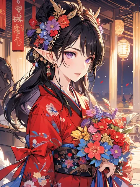 masterpiece, best quality, 1girl, ultra detailed, ultra highres, well-definded facial features, anatomically correct, cute girl, long pointy ears, elf, nice face,black hair, puple eyes, kimono, hakama, art deco, habinga big bouquet,