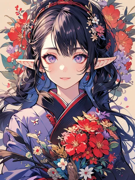 masterpiece, best quality, 1girl, ultra detailed, ultra highres, well-definded facial features, anatomically correct, cute girl, long pointy ears, elf, nice face,black hair, puple eyes, kimono, hakama, art deco, habinga big bouquet,