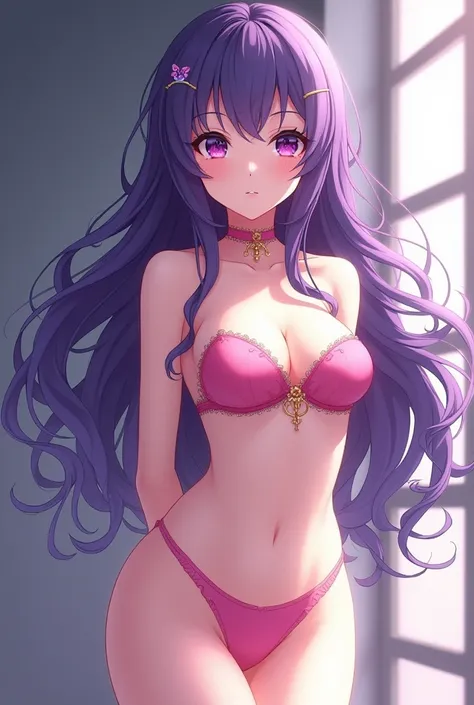 A  anime character.65 Purple Wavy Hair, purples eyes, and pink bequine , with a very beautiful body , with one behind holding her arms behind her back