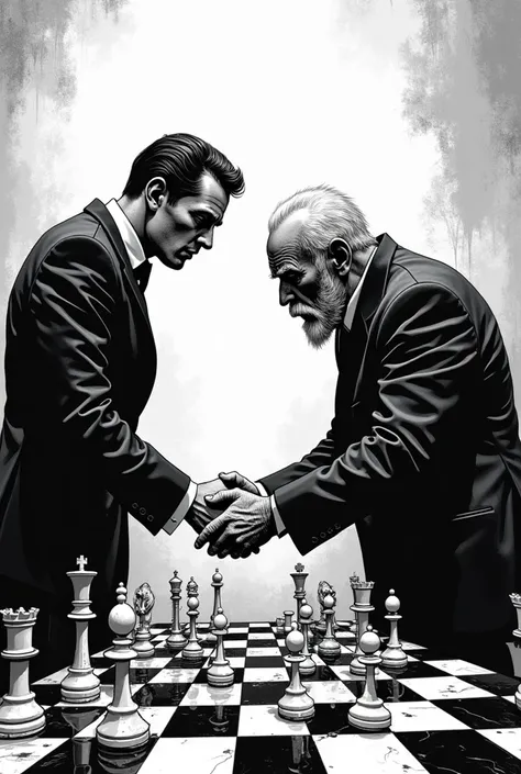 create me an image of two people playing, a person in a suit and a very poor person playing chess, the poor man&#39;s hands are being guided by another larger person in a suit, the poor are like a puppet. There are 3 people in the image in total and the im...