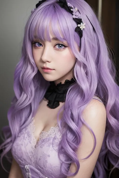 Girl with curly lilac hair, black-eyed