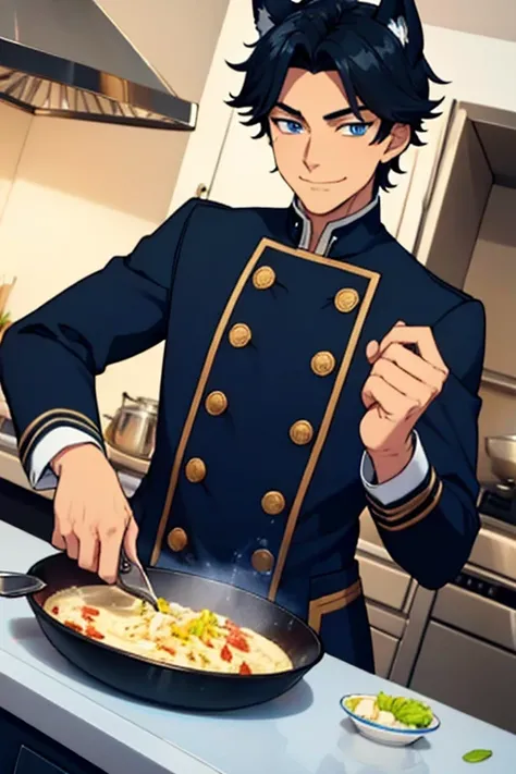 Perfect face. Perfect hands. A handsome black haired man with blue eyes and dark blue wolf ears and a dark blue wolf tail in a butlers uniform is smiling while cooking in a fancy kitchen