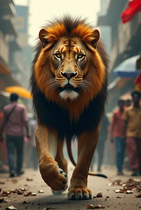 A lion is walking on the road in city kolkata around people