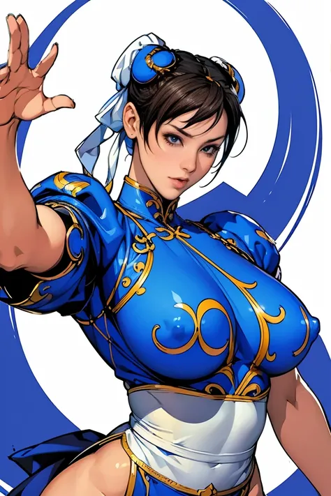 ((A woman modeled after the character Chun-Li)), , Medium Hips, Bright Eyes, Very flashy,Huge breasts, Puffy nipples, tight, ((ultra Realist)), TM Ninja White, icon, cores Vibrants, Vector Style, Digital Art, 4K, Intricate details, charm, Professionally do...