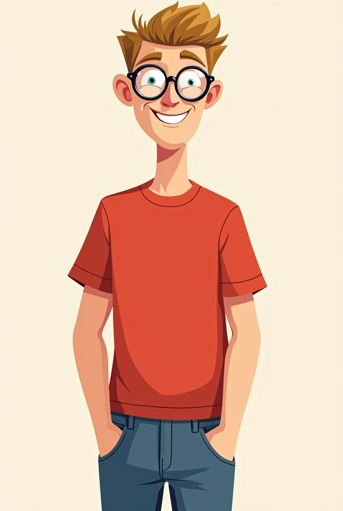 a cartoon style drawing of a man, tall and slim, offwhite, very short hair, blonde in a darker tone, glad, with round glasses. hands in pockets, wearing jeans and a red T-shirt. 