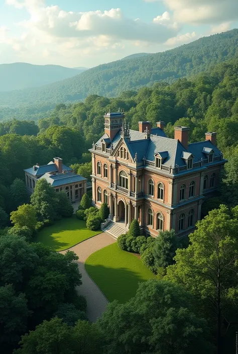 
**Mansion and forest in harmony**: A panoramic view showing the mansion and forest in perfect harmony, reflecting tranquility and balance.
