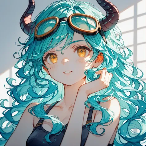  juvenile,good looking、 White, Turquoise Hair,Long Hair、Curly hair、Golden Eyes、Devil horns、goggles、dark、Research Room 、Calm hues, watercolor, 