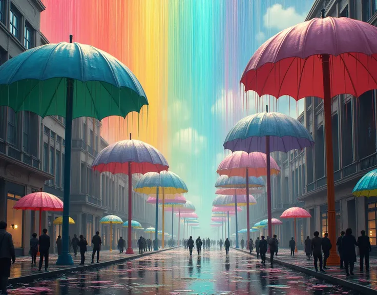 In a surreal city, The buildings are huge open umbrellas. The rain falls from the sky, but instead of water, They are drops of vibrant colors that fill the streets.