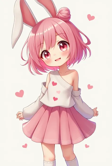 create me a picture of a girl who is , and wearing a no sholder top, and the top has a Print of Heart on it, and she wears a skirt till her knee, and she is wearing long white socks. bunny like ears and she is giving a veryyy cute pose. and think that she ...