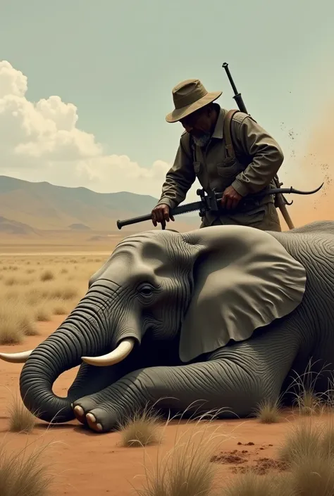 An elephant lies on the ground sleeping while a poacher removes its tusks or ivory with a saw in the African savannah