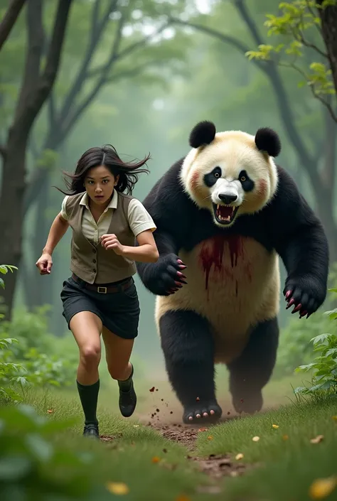 ((Highest quality)), ((Pigeon-headed woman)), (Angry Bloody Giant Panda), (Giant panda holds up a refrigerator with both hands), Giant panda holds up a refrigerator with both handsが後ろから追いかけてくる, A woman with a grey pigeon head is running as fast as she can ...