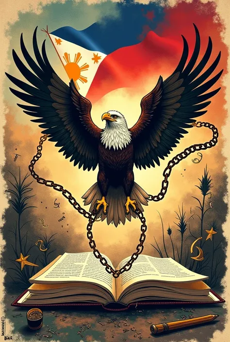 Poster slogan: FILIPINO: WIKANG MAPAGPALAYA
Flag of the philippines
Eagle that has broken chain
Books with flying alphabet letters
Philippine culture and tradition
Pen and ink traditional
Without leaves or trees