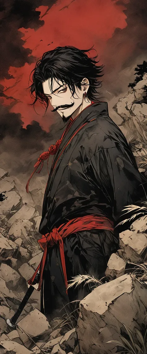 Scarlet Silk Ronin Costume。A world of thick fog,Silver Grass。Earrings。Face close-up。Dark Eyes。clothes are blowing in the wind。Grin。He has a sword on his waist。Stylish pose。moustache。beard。disheveled long black hair。 Standing on the rubble、A thin young roni...