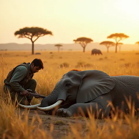 an elephant is on the ground sleeping while a poacher removes its tusks or ivory with a saw in the African savannah in the African savannah 4k ultra realistic