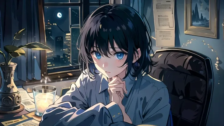 Create an illustration of black hair and blue eyes, sitting in a chair in front of a desk, Sentimental, Introspective look。, The moonlight gently shines into the room, Gently illuminate the space, Curtains sway in the wind, Increase tranquility, Dark mood,...