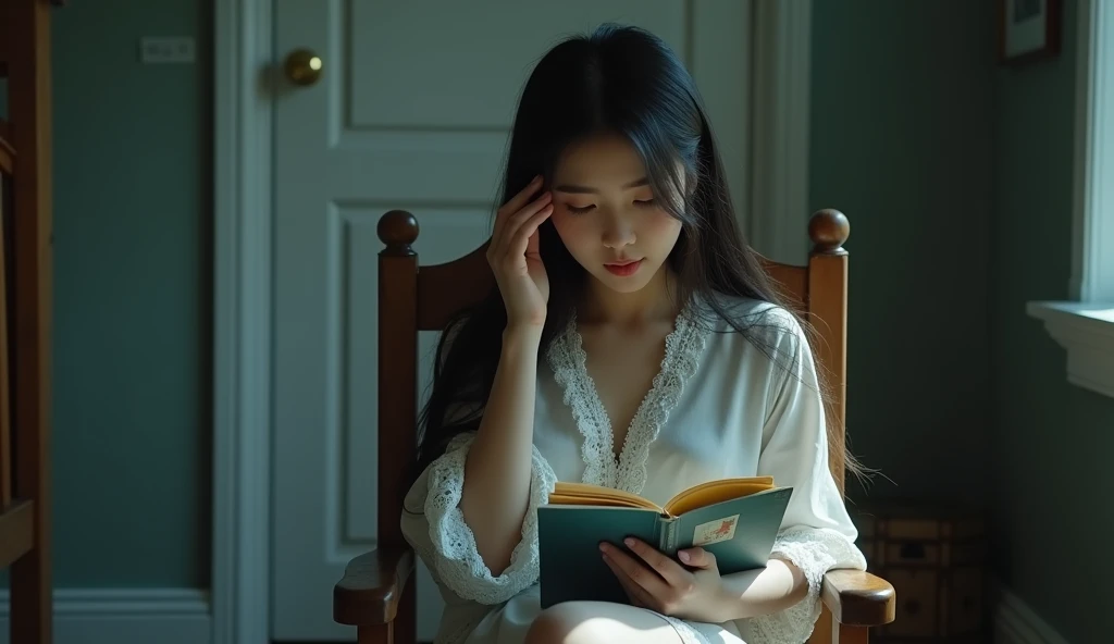 Cinematic, A young woman with long dark hair, wearing a white robe with lace trim, sitting on a wooden chair. She is holding a children story book while rubbing her left eye. The scene is set in a dimly lit child bedroom with a closed white door in the bac...