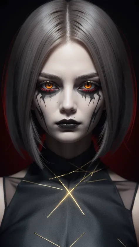 horror-themed wide-angle digital illustration, (Demonic female character with Dark ash-gray face:1.3), Symmetrical composition, cracked stone texture, Golden veins, (Luminescent red eyes:1.3), Multiple twisted horns, Intricate golden metallic details , (Go...