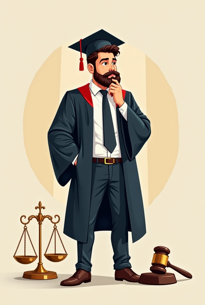 A mor detail man wearing his full of graduation gown Takes up the half of the design area, next to him are the big scales of justice and the hammer, a large two-dimensional drawing.cartoon drawing more details mor detail