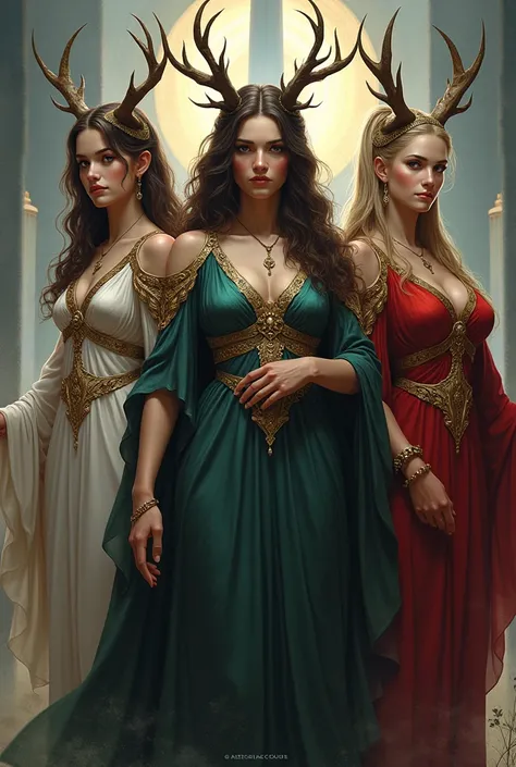 Painting  of triple goddess Hecate s 3 form  (maiden, mother, crone )   an ultrafine detailed painting, Artstation contest winner, fantasy art, fantasy game card, digital painting, spire, official photo 